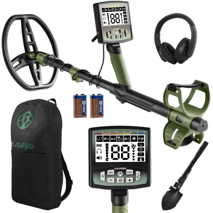 Detector de metales verde con auriculares, pala, mochila y baterías
