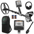 Detector de metales gris con auriculares, pala, mochila y baterías
