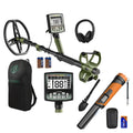 Pack: detector de metales verde con sus accesorios y pinpointer naranja con funda y batería